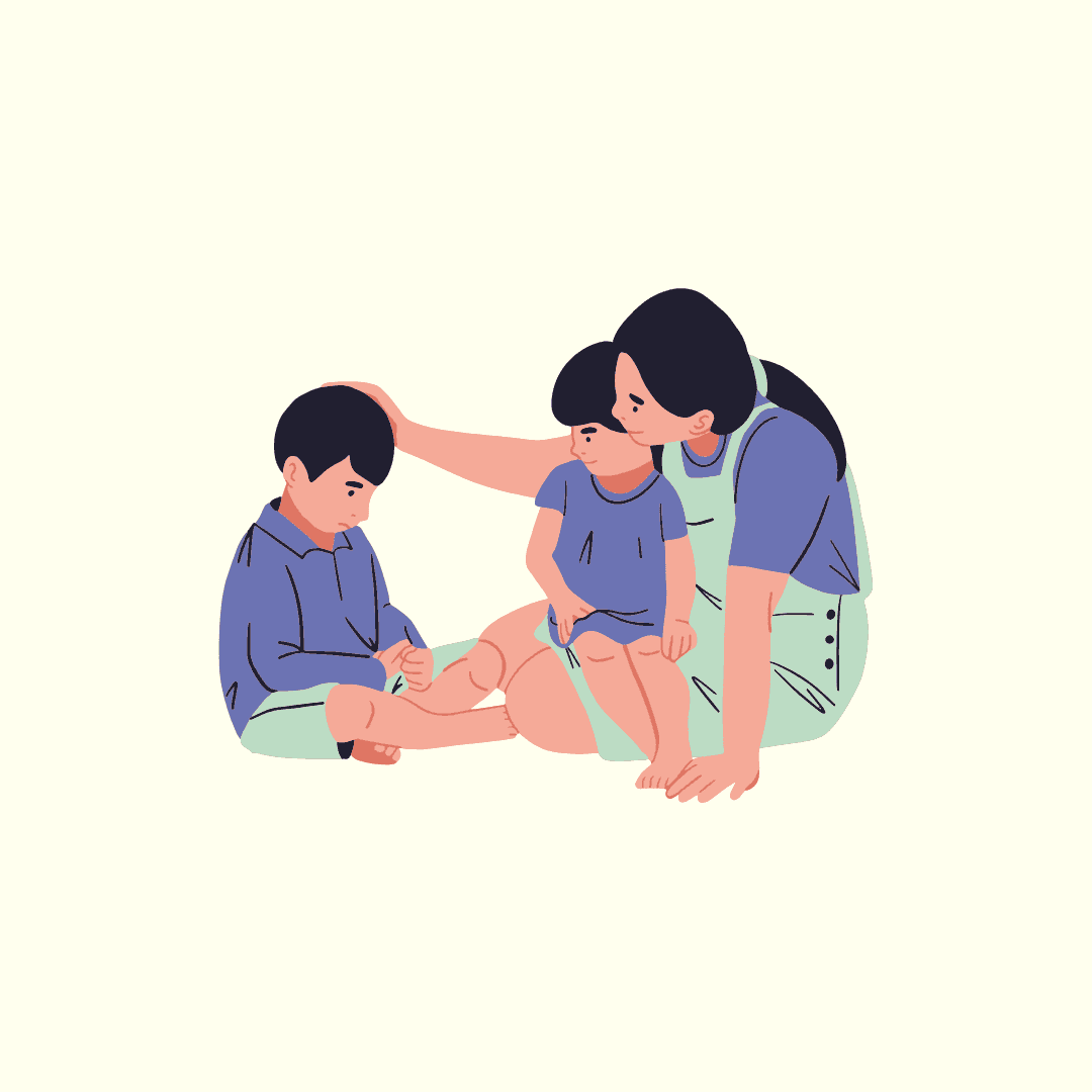 Illustration of a mother comforting two children sitting on the floor.